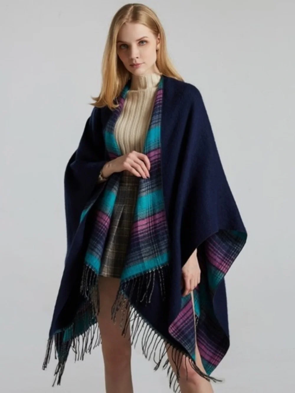 Reversible Plaid Turquoise & Purple Shawl